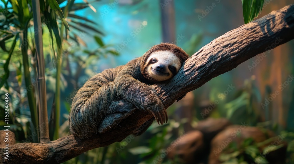 Fototapeta premium A sloth relaxing on a tree branch in a lush, green environment.