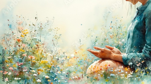 A watercolor painting of a person sitting amidst a field of wildflowers. Peaceful and serene it evokes a sense of tranquility and connection with nature. Suitable for art prints stationery or meditati photo