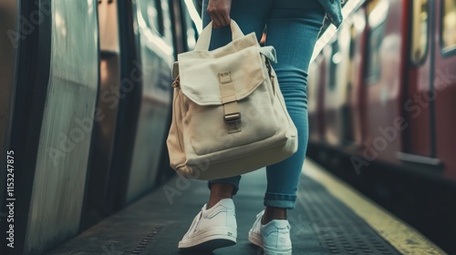 Woman Carrying a Bag at a Train Station