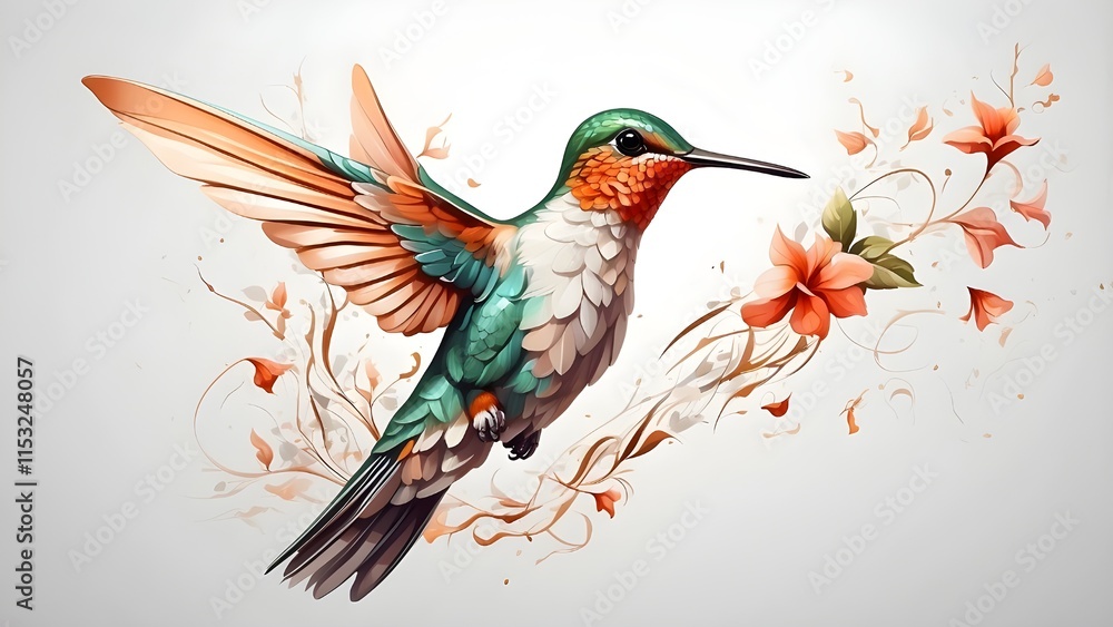 Obraz premium A stunning hummingbird soaring on a white backdrop. Illustration produced by AI