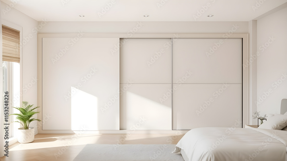 Modern minimalist sliding cabinet, bedroom with windows in the floor, natural light, cozy lighting, comfortable atmosphere, light colors, matte texture, Generative AI Modern minimalist sliding cabinet, bedroom with windows in the floor, natural light, cozy lighting, comfortable atmosphere, light colors, matte texture, Generative AI