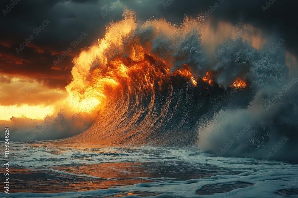majestic tsunami wave crashing over a serene water surface with dramatic skies above capturing the raw power of nature amidst serene beauty evoking awe majestic tsunami wave crashing over a serene water surface with dramatic skies above capturing the raw power of nature amidst serene beauty evoking awe