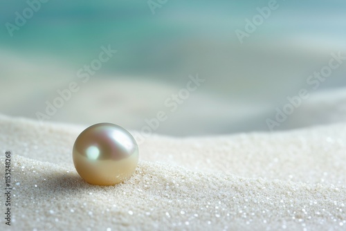 Natural pearl resting on soft sandy beach with gentle ocean waves in the background