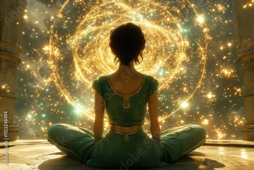 Wallpaper Mural A young South Asian woman in a turquoise outfit meditating, surrounded by a swirling galaxy of golden light, embodying peace and serenity. Torontodigital.ca