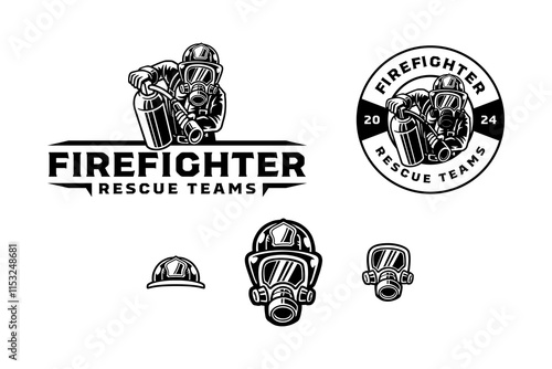 fireman holding fire extinguisher character mascot outline logo design. firefighter with safety helmet, face mask, fire extinguisher badge logo design set. for rescuer worker, adventure, survivor