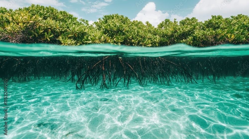 Fototapeta premium Controlling Flood Ecosystems Mangrove Roots Stabilizing Soil in Coastal Waters