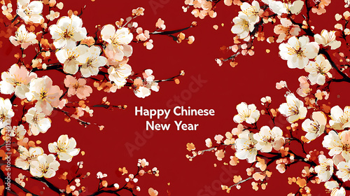 Happy Chinese New Year greeting with white flowers on red background