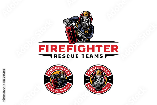 firefighter holding fire extinguisher character mascot colorful logo design. fireman with safety helmet, face mask, fire extinguisher badge logo design set. for rescuer worker, adventure, survivor