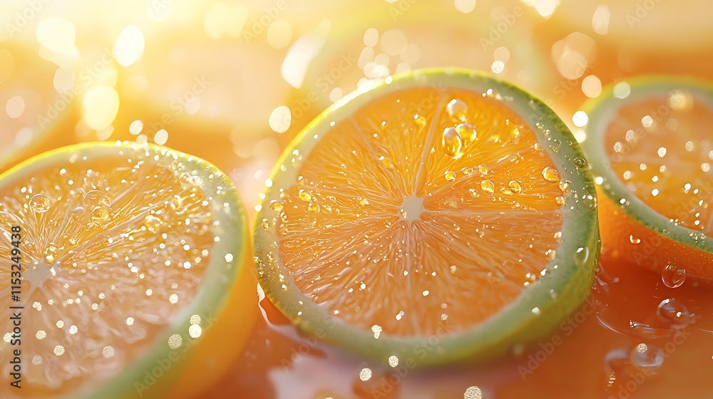 Slices of oranges submerged in fresh juice droplets Slices of oranges submerged in fresh juice droplets