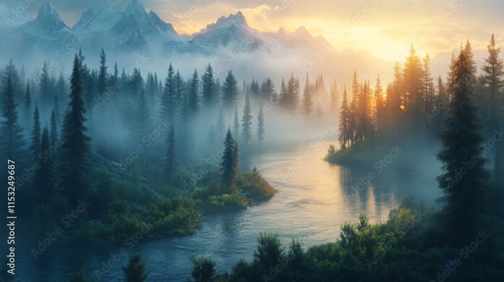 Fototapeta premium Serene Sunrise Over Misty Mountain River And Forest