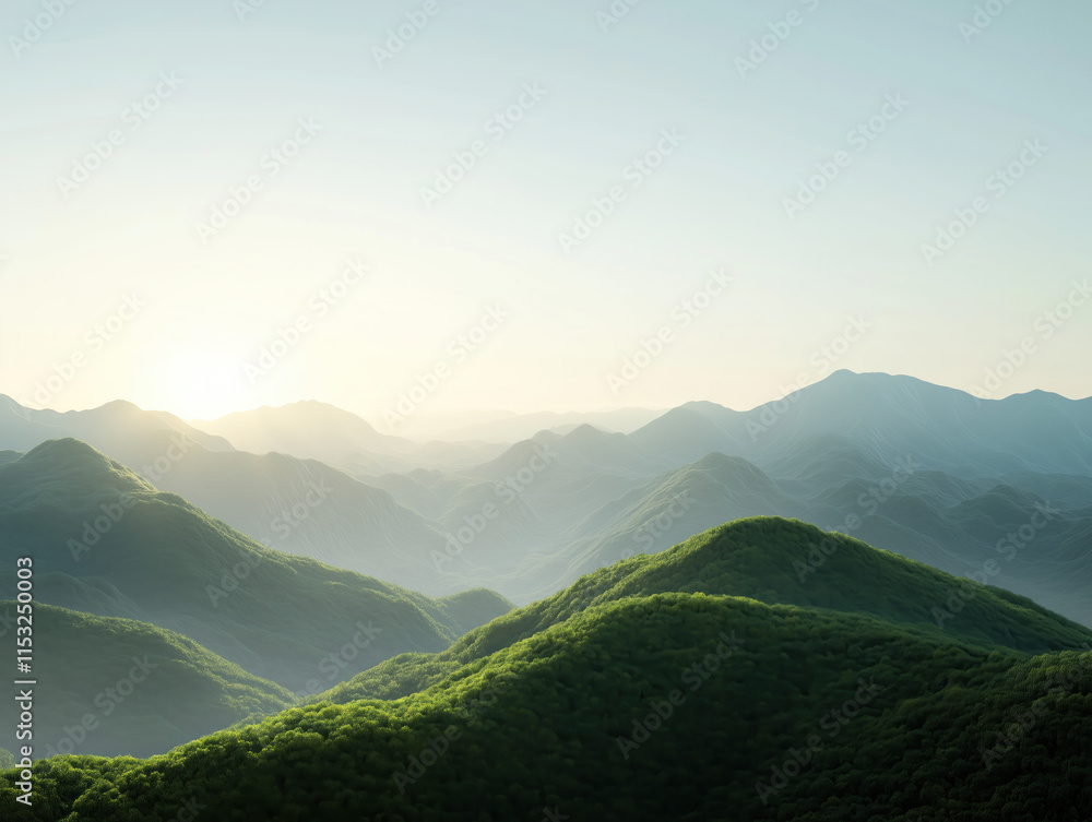 Fototapeta premium Explore the Vibrant Blue Summer Landscape: A 3D Adventure Through Lush Greenery and Breathtaking Vistas for Outdoor Enthusiasts Looking to Embrace Nature's Beauty.