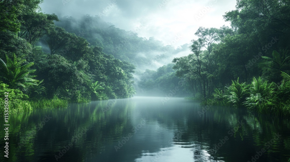 Serene River Flows Through Misty Lush Rainforest Serene River Flows Through Misty Lush Rainforest