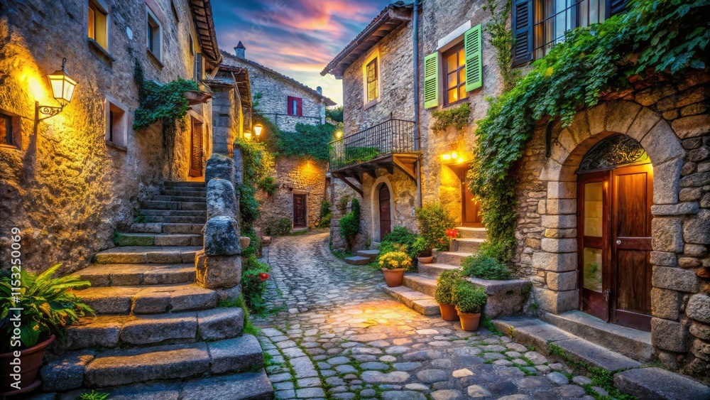 Fototapeta premium Surreal stone steps wind through an enchanting old European town, a tranquil artistic corner.