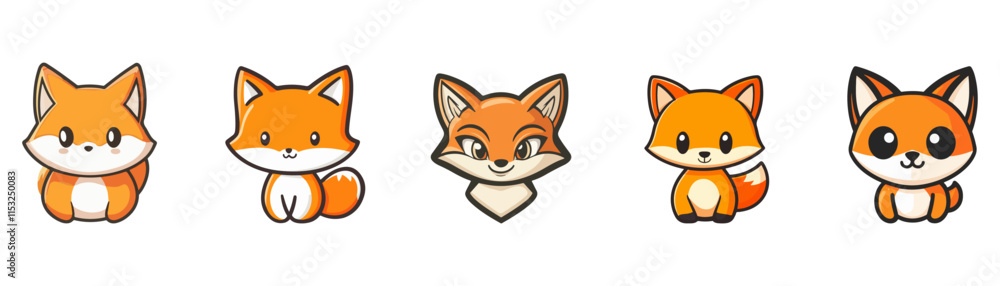 set of cute, simple cartoon vector of an orange fox, in a flat illustration style with a white background