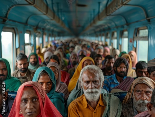 Diverse Group of Passengers in an Old Train Journeying Together