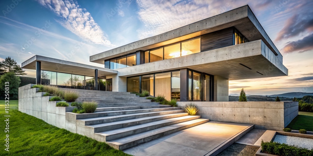 Fototapeta premium Modern Concrete House Exterior with Large Windows & Stone Steps - Architectural Photography