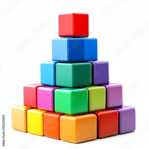 Colorful Pyramid of Blocks: A vibrant arrangement of colorful toy blocks forming a pyramid shape against a white background.