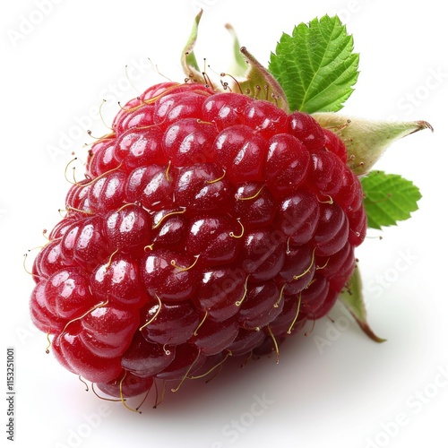 Fresh Red Raspberry with Leafy Green Top on White Background