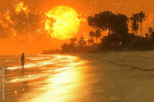 A silhouette of an individual stands on a serene beach as a massive glowing sun sets, casting an orange hue across the tranquil waters.
