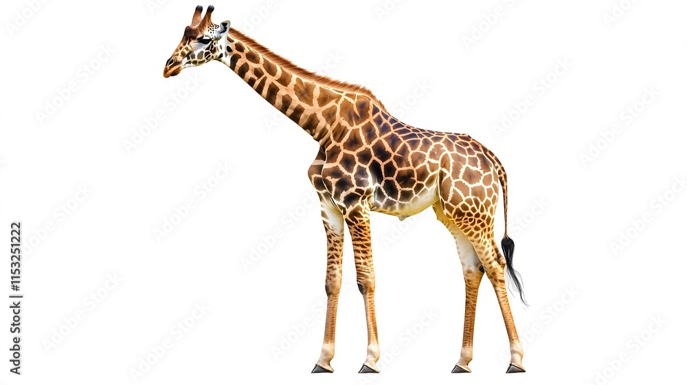 Fototapeta premium A Single Giraffe Stands Isolated Against A White Background