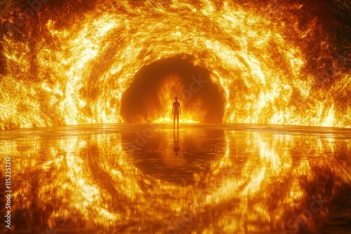 A silhouette of a person stands before a fiery portal, surrounded by swirling flames and a reflective surface, creating a dramatic and surreal atmosphere. photo