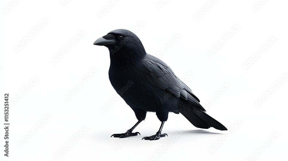 A solitary black crow stands against a white background A solitary black crow stands against a white background