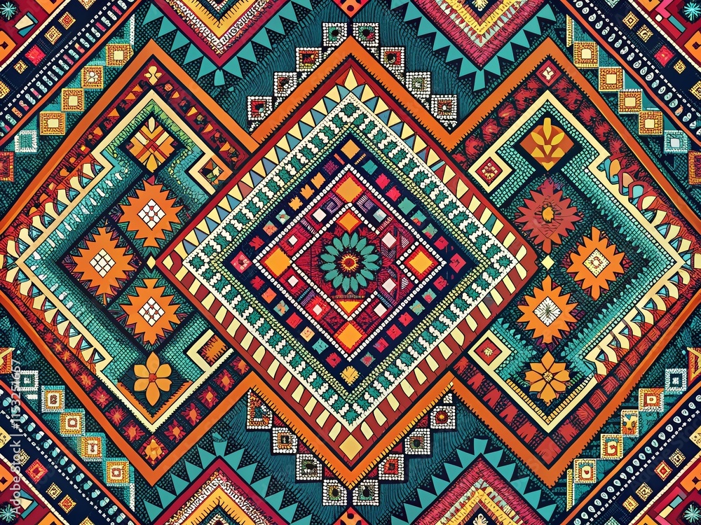 Modern Geometric Textile Design with Traditional Motifs - Left Copy Space Stock Photo Modern Geometric Textile Design with Traditional Motifs - Left Copy Space Stock Photo