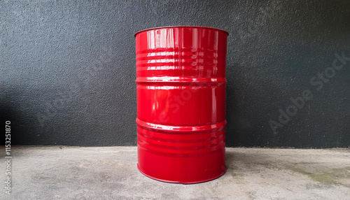 Red metal barrel in front of black wall. Chemical storage for petroleum products. photo