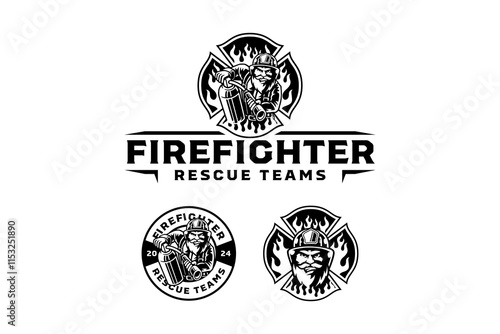 bearded fireman holding fire extinguisher character mascot outline logo design. bearded firefighter with safety helmet, fire extinguisher badge logo design set. for rescuer, survivor, patrol