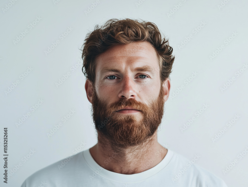 Against a minimalist white backdrop, a bearded man showcases a striking contrast between his expressive features and the simplicity of his surroundings, making his unique look truly stand out. Against a minimalist white backdrop, a bearded man showcases a striking contrast between his expressive features and the simplicity of his surroundings, making his unique look truly stand out.