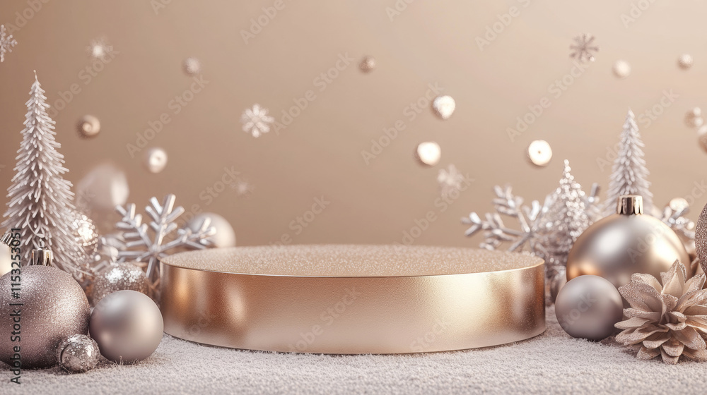 3D Christmas podium display with ornaments and evergreen branches golden silver poster background, new year and xmas advertising showcasing 3D Christmas podium display with ornaments and evergreen branches golden silver poster background, new year and xmas advertising showcasing