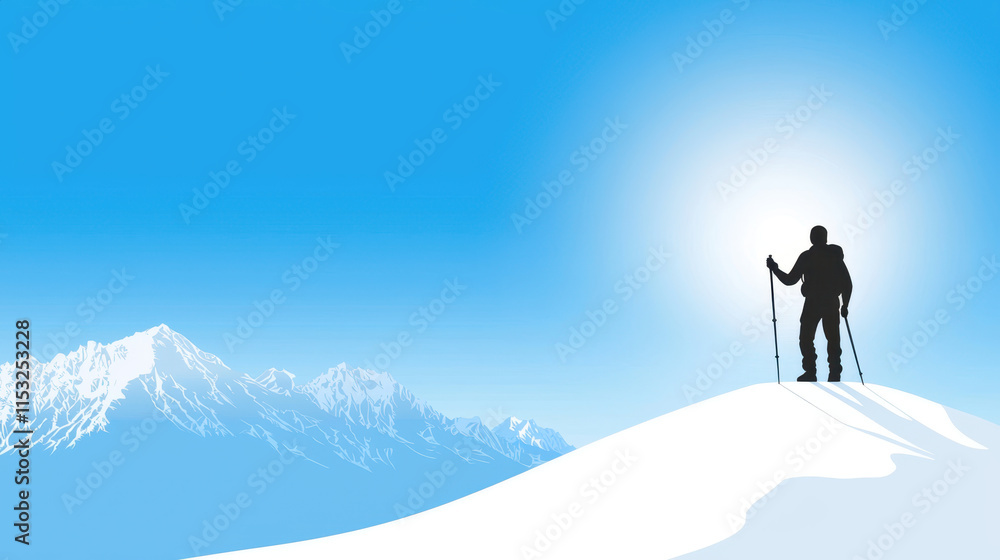 Peak Travel silhouette minimalist. traveler silhouette stands on snowy peak, enjoying nature Peak Travel silhouette minimalist. traveler silhouette stands on snowy peak, enjoying nature