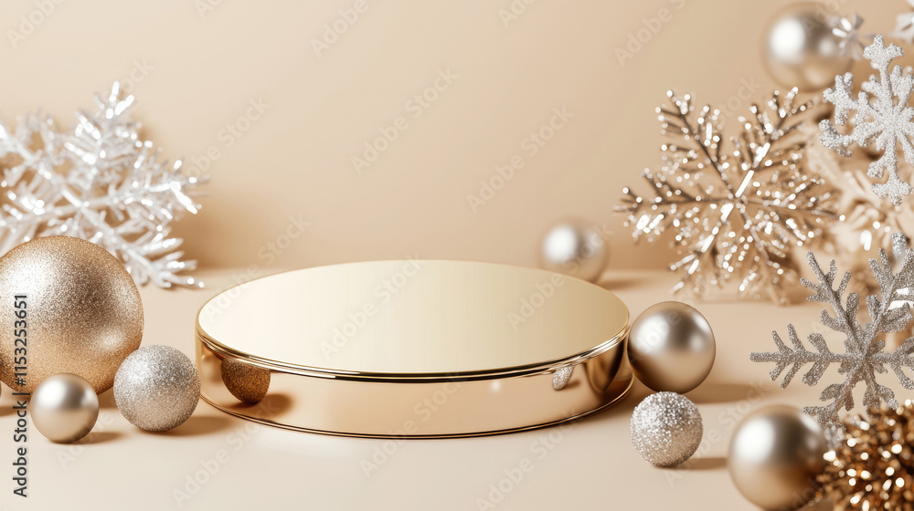 3D Christmas podium display with ornaments and evergreen branches golden silver poster background, new year and xmas advertising showcasing 3D Christmas podium display with ornaments and evergreen branches golden silver poster background, new year and xmas advertising showcasing