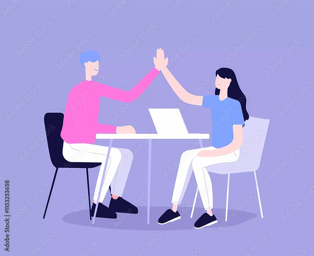 Flat Illustration of Diverse Collaboration: High-Five Teamwork at Work Desk Flat Illustration of Diverse Collaboration: High-Five Teamwork at Work Desk