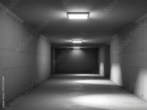 Empty Modern Industrial Hallway with Concrete Walls and Bright Ceiling Lights Illuminating a Spaceless and Minimalist Environment for Creative Design Use photo