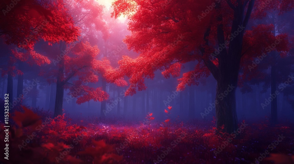 Crimson Canopy Envelops a Misty Autumn Forest Scene Crimson Canopy Envelops a Misty Autumn Forest Scene