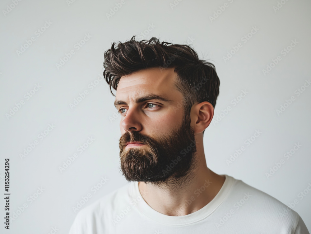 Fototapeta premium Striking Portrait of a Bearded Man Against a Simple White Background: A Focus on Character and Expression