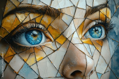 Close-up of a young woman's face with striking blue eyes, fragmented through a mosaic effect, creating an artistic and surreal atmosphere.