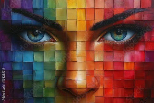 A mesmerizing close-up of a woman's face with vibrant, multicolored square patterns, highlighting her striking blue eyes.