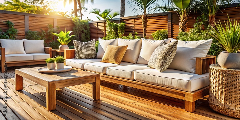 Fototapeta premium Modern Outdoor Lounge: White Cushions, Wood Accents, Macro Detail