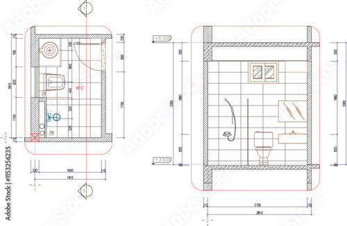 vector sketch, silhouette illustration, technical drawing design, site plan, bathroom section.eps