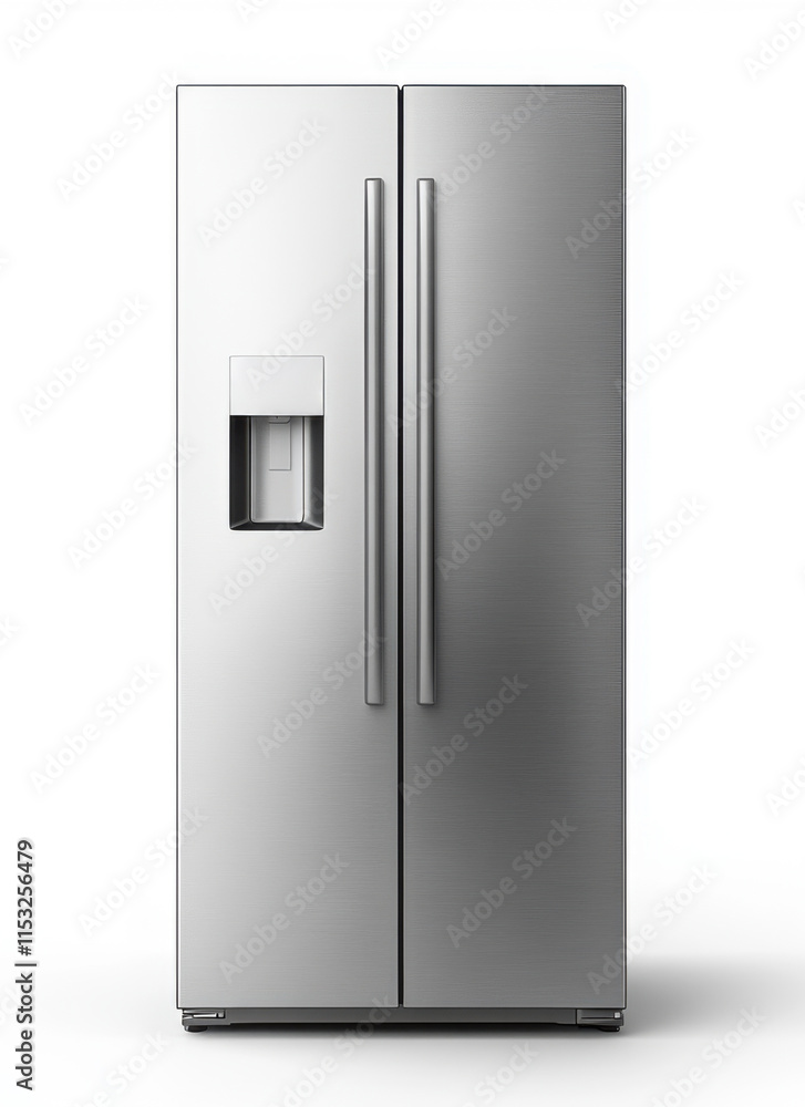 Modern stainless steel refrigerator featuring ice and water dispenser positioned in a bright kitchen Modern stainless steel refrigerator featuring ice and water dispenser positioned in a bright kitchen