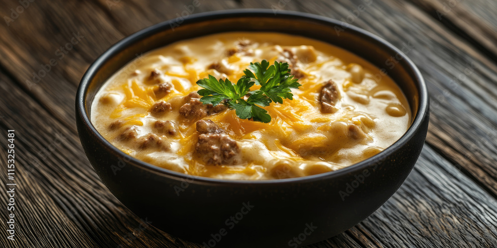 A bowl of smooth, golden cheese sauce, garnished with fresh parsley, beckons with its rich, indulgent aroma and promises pure cheesy satisfaction A bowl of smooth, golden cheese sauce, garnished with fresh parsley, beckons with its rich, indulgent aroma and promises pure cheesy satisfaction