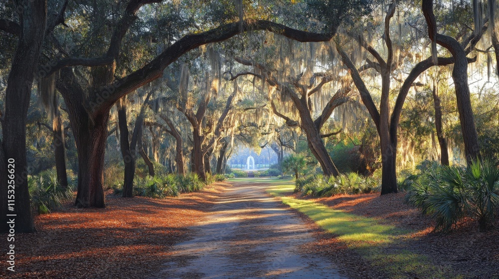 Naklejka premium Sunlit Pathway Through Majestic Oak Trees Draped In Spanish Moss