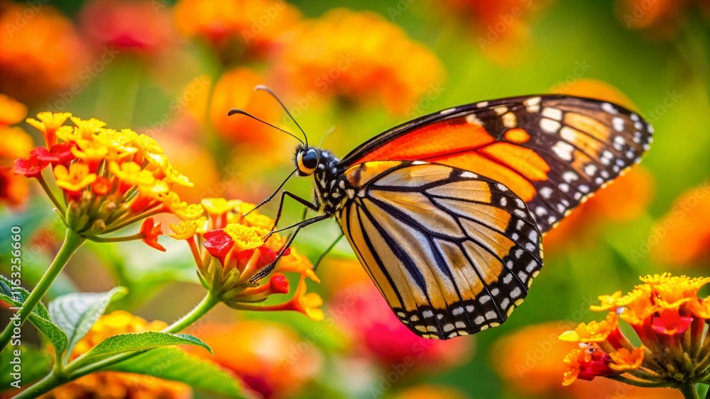Fototapeta premium Monarch Butterfly on Lantana Flowers: 4K HD Pollinator Stock Photo