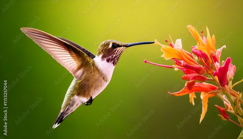 Fototapeta premium Beautiful hummingbird in flight and colorful feathers and perched in vibrant nature