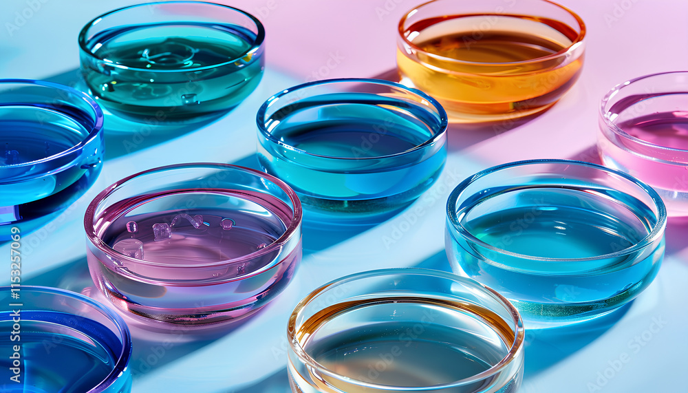 Petri dishes with different colorful samples on table, toned in blue Petri dishes with different colorful samples on table, toned in blue