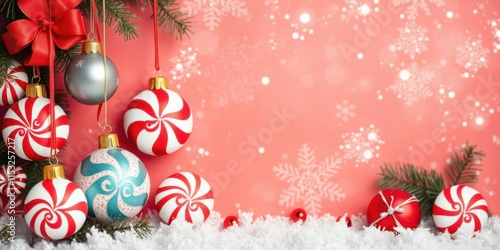 Festive Christmas Ornaments Hanging on a Tree with a Soft Snow Background and Colorful Decorations for a Wonderful Holiday Celebration