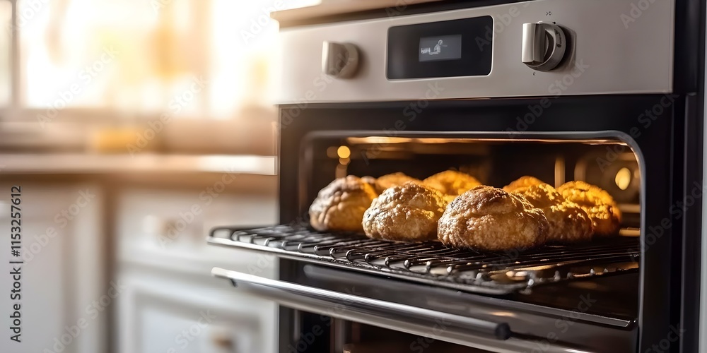 Freshly baked cookies in an oven, resting on a rack with warm, glowing light illuminating them from inside the appliance. Concept Freshly Baked Cookies, Oven Lighting, Cooling Rack, Warm Glow Freshly baked cookies in an oven, resting on a rack with warm, glowing light illuminating them from inside the appliance. Concept Freshly Baked Cookies, Oven Lighting, Cooling Rack, Warm Glow