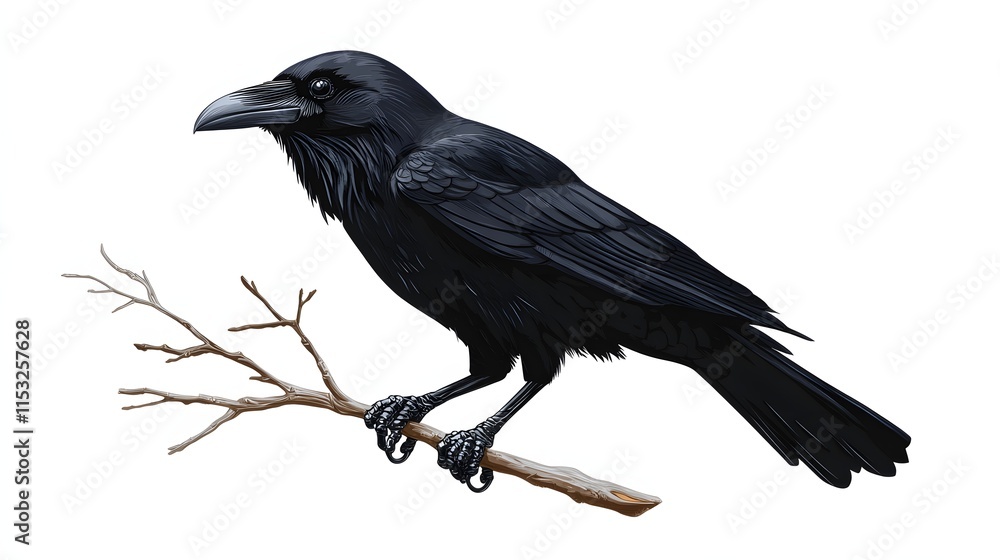 Fototapeta premium A Black Raven Perched on a Bare Branch